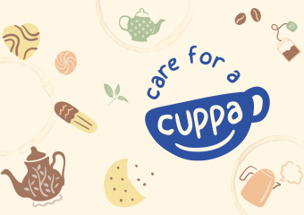 The Care for a Cuppa logo, with coffee and tea themed illustrations surrounding it