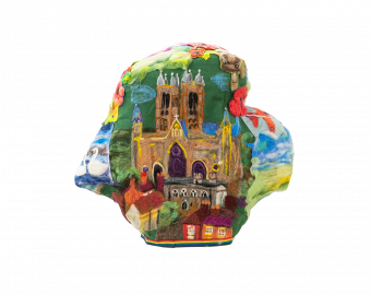 A Heart shaped sculpture, created by school children. The Heart depicts Lincoln Cathedral and other key areas of Lincoln, created entirely out of felt material.