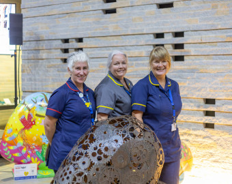 Three women wearing nurses uniform, two in blue, one in grey. All three women are stodd behind a HeART Shaped sculpture, made out of metal.