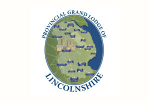 The Logo of the Lincolnshire Freemasons. An oval map of Lincolnshire, featuring key locations, surrounded on its perimeter with 'Provincial Grand Lodge of Lincolnshire', written in blue.