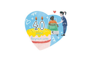 The St Barnabas 40th anniversary logo, including illustrations of a nurse with a patient