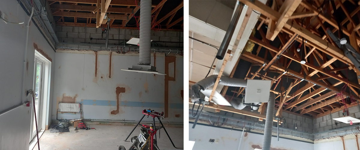 Collage of two pictures. On the left, a room under construction with bare plaster. On the right, a ceiling with exposed wooden beams, during construction
