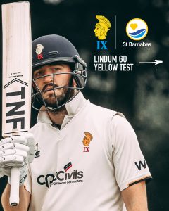 Man wearing white cricket top, gloves and holding cricket bat. With logos from Lindum Cricket Club, St Barnabas Hospice and white text "Lindum Go Yellow test"