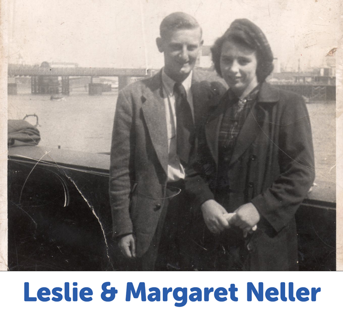 Vintage black and white picture of a man and woman, with white banner underneath photo and blue text "Leslie and Margaret Neller"