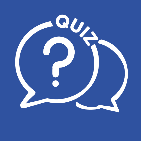 Blue background with white speech bubbles and the word "Quiz" with question mark.