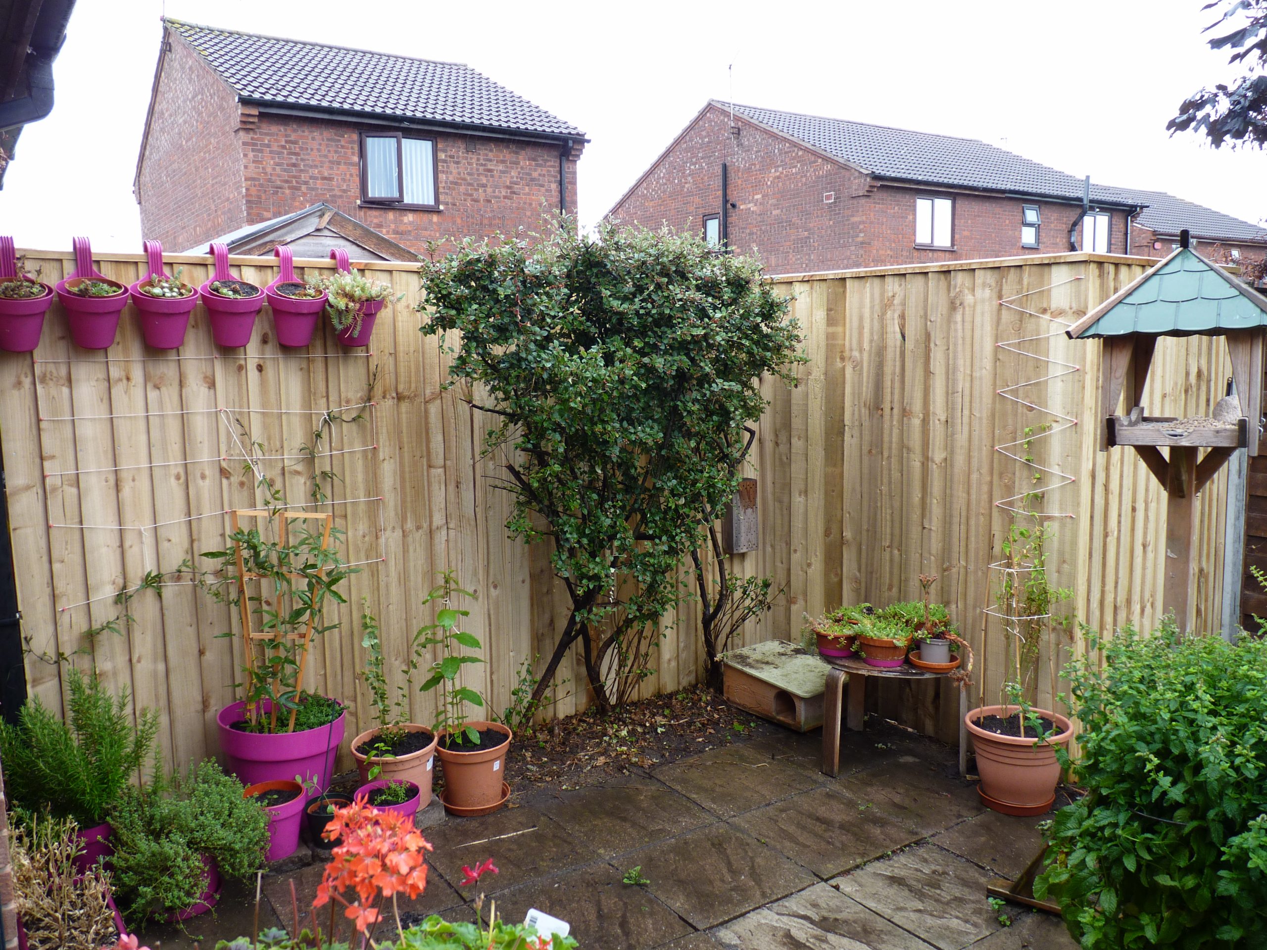 Two wooden fence panels with greenery, potted plants and other garden items.