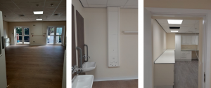 Collage of three pictures. On the left, a large room with dark brown wooden flooring and large patio doors. In the middle, two white sinks against dark brown background in a room and the right picture shows a look into a room from a doorway, with white ground level cabinets.