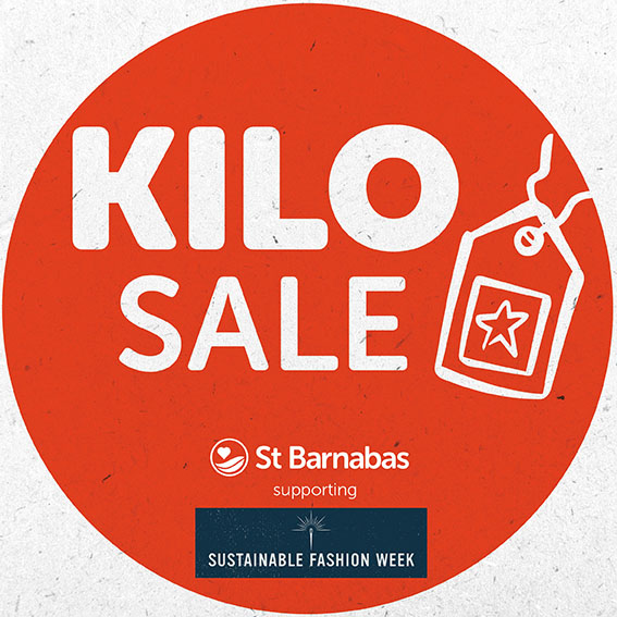 Light chipboard background with red circle and white text "Kilo Sale" with price tag illustration, St Barnabas and Sustainable Fashion Week logos