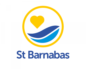 St Barnabas Hospice logo in yellow and blues on white background
