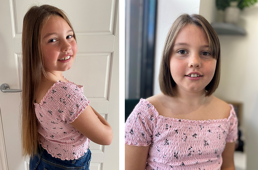Collage of two pictures of a young girl wearing a pink top - on the left her hair is long down her back, in the right picture her hair is in a shoulder length bob