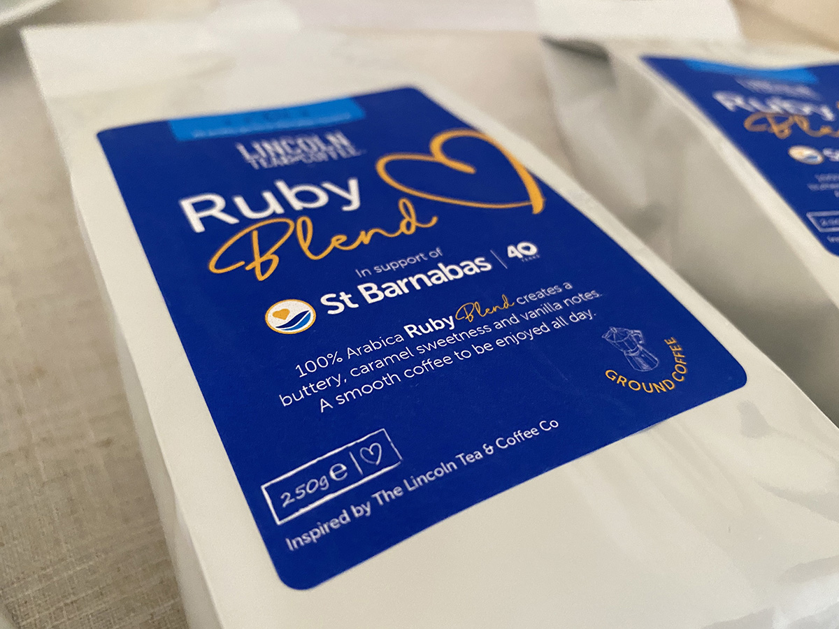 Close-up of blue label on coffee packaging