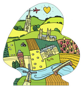 Heart shaped illustration of yellow and green countryside with yellow heart sun, and Lincolnshire landmarks