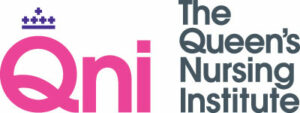Pink and black logo for The Queen's Nursing Institute on white background