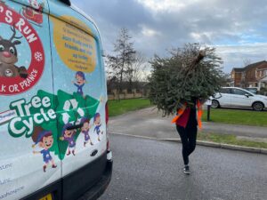 Person wearing orange high visibility vest carrying Christmas tree over their head towards van