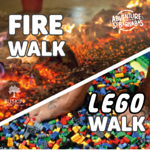 Collage of two pictures cut diagonally. The top shows red hot embers with person walking and white text "fire walk", the bottom picture shows person's foot on lego bricks with white text "lego walk"