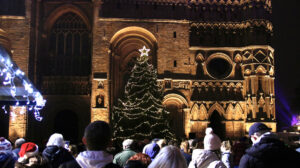 Large Christmas tree in front of Lincoln Cathedral