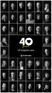 Collage with black background featuring 40 small black and white photographs of people with white and yellow text in the middle '40 faces of hospice care' with St Barnabas Hospice logo