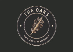 The Oaks round logo in gold and white on dark grey background