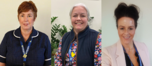 Collage of three portraits of women. On the left, Michelle Webb with short brown hair and black polkadot dress, in the middle Rebecca Franks with grey hair wearing gilet and flowery top, on the right Emma Wheatley, brown hair and light pink jacket