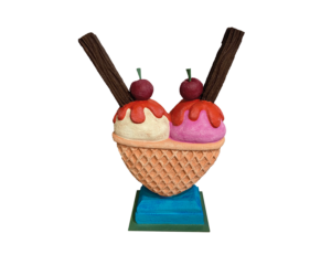 A Heart-shaped sculpture, created out of polystyrene, designed like an ice cream sundae. This sculpture is part of the St Barnabas HeART Trail.