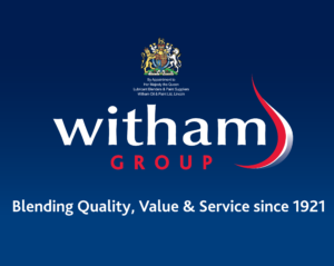 Witham Group logo in white, red and grey, on blue background with white tagline "Blending quality, value and service since 1921."