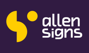 Allen Signs logo in white with yellow symbol, on purple background.