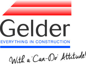 Gelder's Logo, in Blue, grey and red, on a white background.