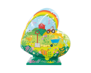A Heart-shaped sculpture, featuring a design, depicting the elements of the agricultural heritage of Lincolnshire. This sculpture is part of the St Barnabas HeART Trail.