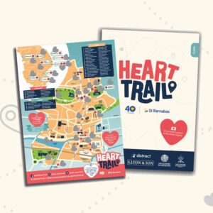 Graphic of St Barnabas HeART Trail guide and map on beige background.