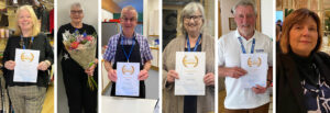 Collage of six people of varying ages, four of whom are holding a certificate they have been awarded.