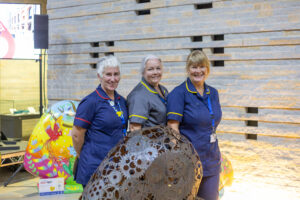 Three women wearing nurses uniform, two in blue, one in grey. All three women are stodd behind a HeART Shaped sculpture, made out of metal.