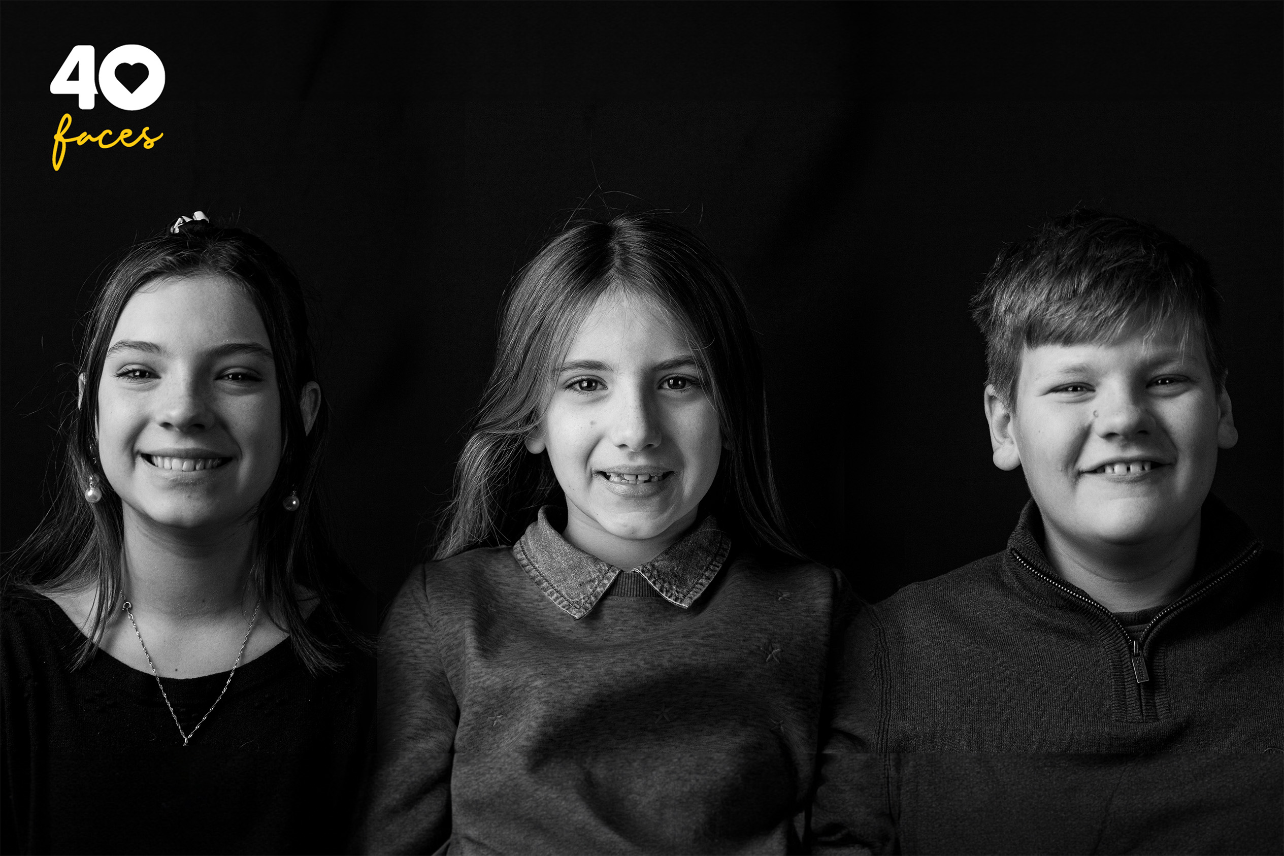 Three children, who are each siblings, 2 girls and 1 boy. All sat together, the photographs are in black and white.