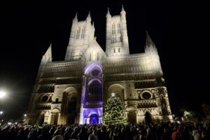 Tree of Life illuminated in front of Lincoln Cathedral