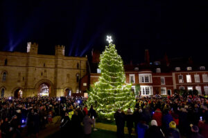 Tree of Life outside Lincoln Cathedral illuminated and surrounded by supporters