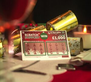 A Christmas scratch card, in the colours of Red, white and green, on a Christmas dinner table. The card is being propped up with crackers.